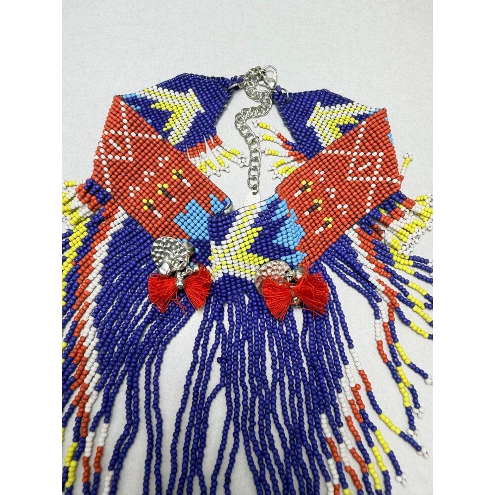Zara Tribal Native inspired Beaded Bib Fringe Necklace Statement Bold Color - Picture 6 of 10